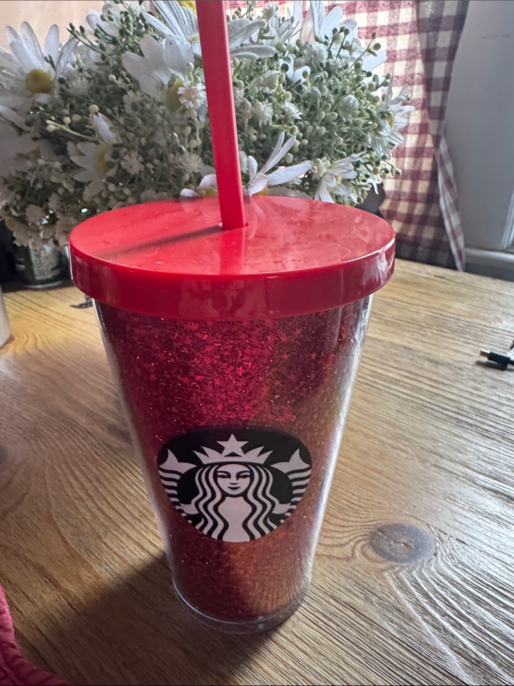 NWOT Starbucks Red Glitter Cold Cup with Red Lid and Straw
